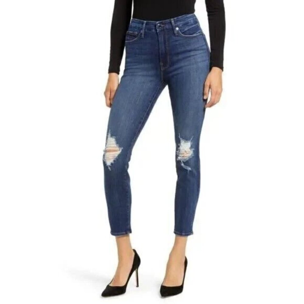 Good American Good Legs Crop Skinny Jeans Blue505 Distressed Dark